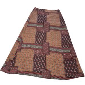 Sara Navon Skirt Womens XS Brown Orange Boho Patchwork A-Line Lined Midi Floral‎